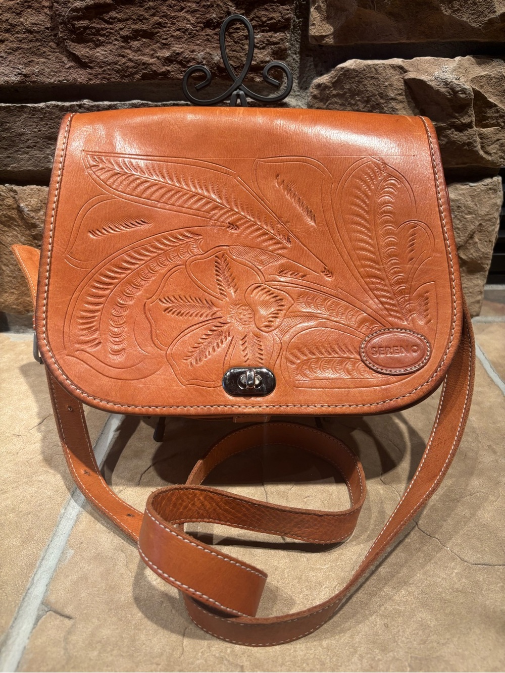 Sereno Vintage Tooled Leather Crossbody Bag in Caramel with Floral Design